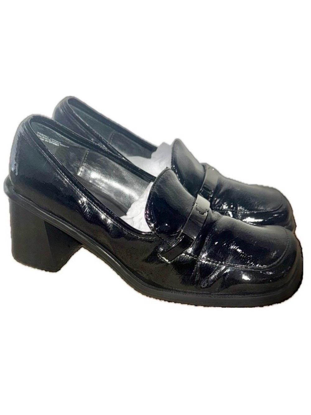 👞📚 BASS Y2K Vegan Patent Leather Heeled Loafers‎ Women's Chunky Heel,m Sz 6M